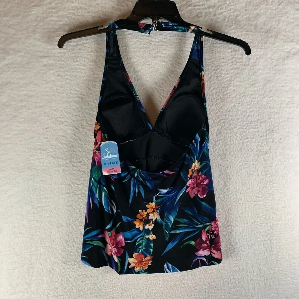 Swim Solutions Triple Tiered Halter Tankini Top Women's 12 Multi Floral Swimwear - Picture 2 of 7